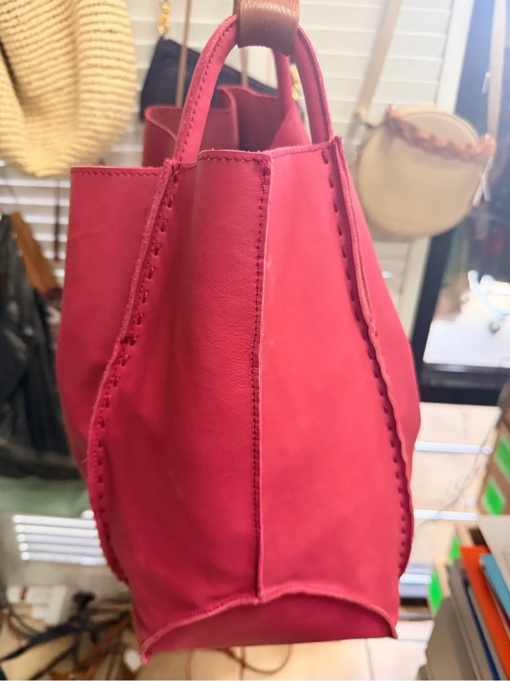 The Sak Pink Leather Tote with Tan Shoulder Straps